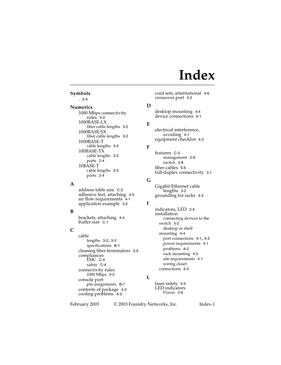 Index | Foundry Networks 2402CF User Manual | Page 63 / 66