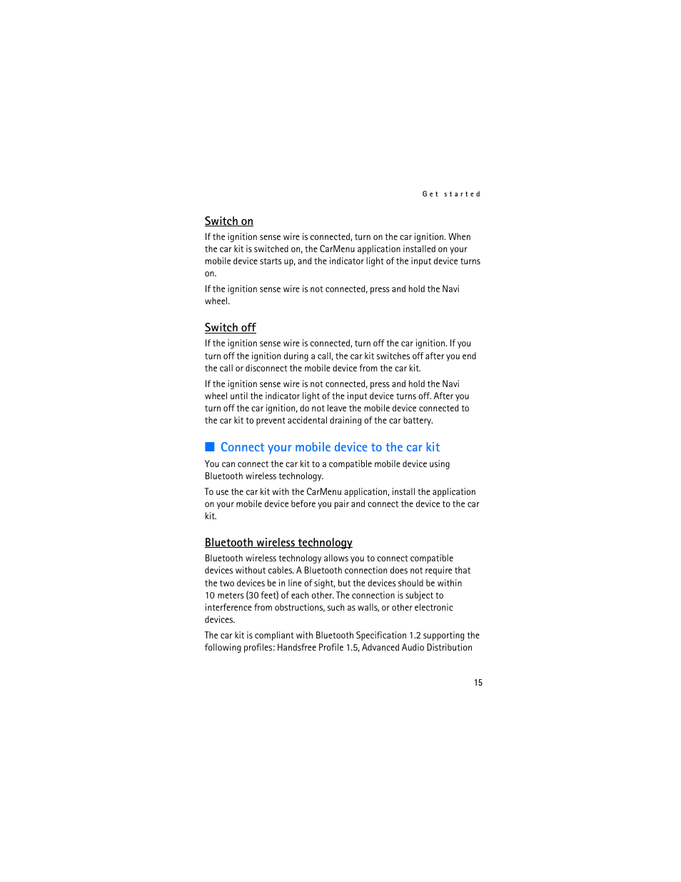 Switch on, Switch off, Connect your mobile device to the car kit | Bluetooth wireless technology, Switch on switch off | Foundry Networks CK-300 User Manual | Page 15 / 29