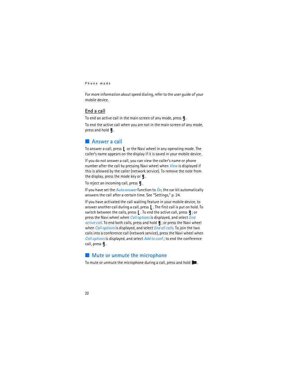 End a call, Answer a call, Mute or unmute the microphone | Answer a call mute or unmute the microphone | Foundry Networks CK-300 User Manual | Page 22 / 29