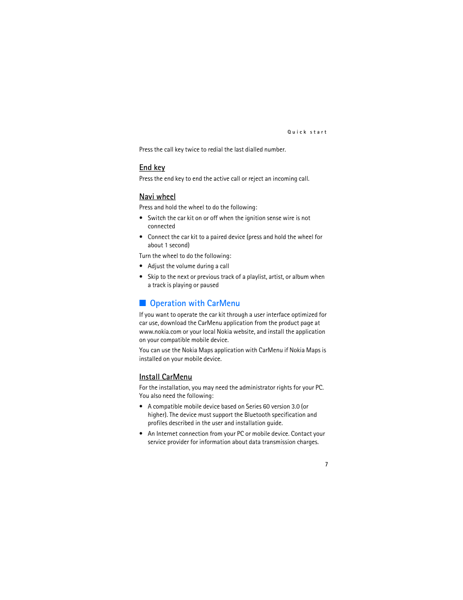 End key, Navi wheel, Operation with carmenu | Install carmenu, End key navi wheel | Foundry Networks CK-300 User Manual | Page 7 / 29