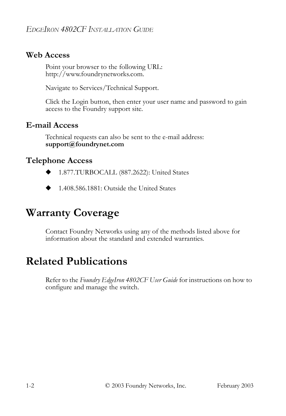 Web access, E-mail access, Telephone access | Warranty coverage, Related publications, Web access -2 e-mail access -2 telephone access -2, Warranty coverage -2 related publications -2 | Foundry Networks OSI User Manual | Page 14 / 66