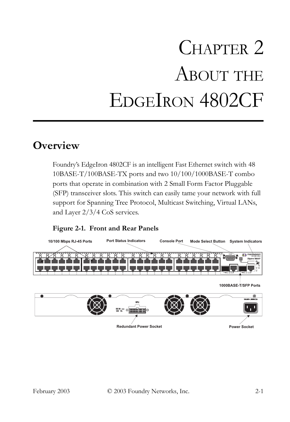 Chapter 2 about the edgeiron 4802cf, Overview, About the edgeiron 4802cf -1 | Overview -1, 4802cf, Hapter, Bout | Foundry Networks OSI User Manual | Page 15 / 66