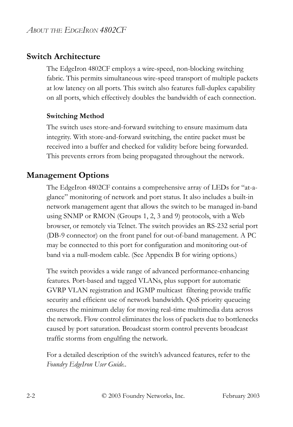 Switch architecture, Management options, Switch architecture -2 | Switching method -2, Management options -2, 4802cf | Foundry Networks OSI User Manual | Page 16 / 66
