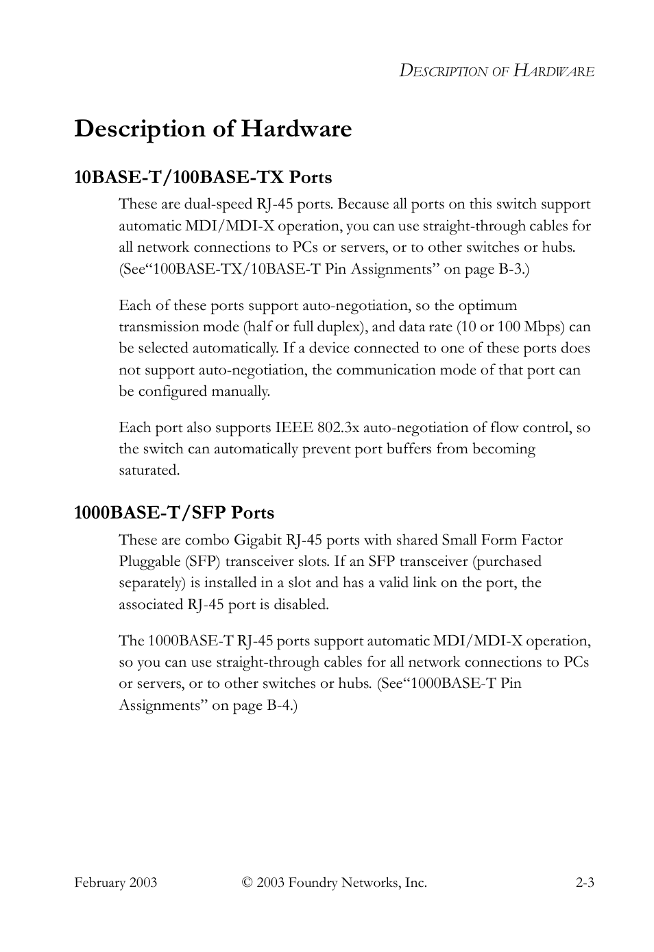 Description of hardware, 10base-t/100base-tx ports, 1000base-t/sfp ports | Description of hardware -3 | Foundry Networks OSI User Manual | Page 17 / 66
