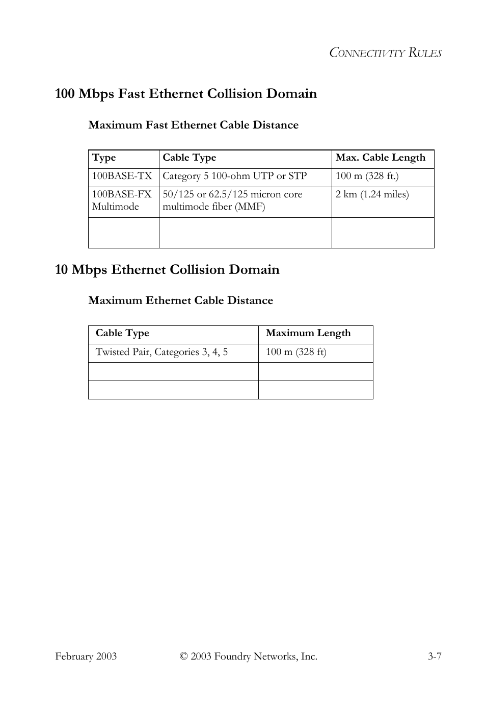 100 mbps fast ethernet collision domain, 10 mbps ethernet collision domain, 100 mbps fast ethernet collision domain -7 | Maximum fast ethernet cable distance -7, 10 mbps ethernet collision domain -7, Maximum ethernet cable distance -7 | Foundry Networks OSI User Manual | Page 29 / 66