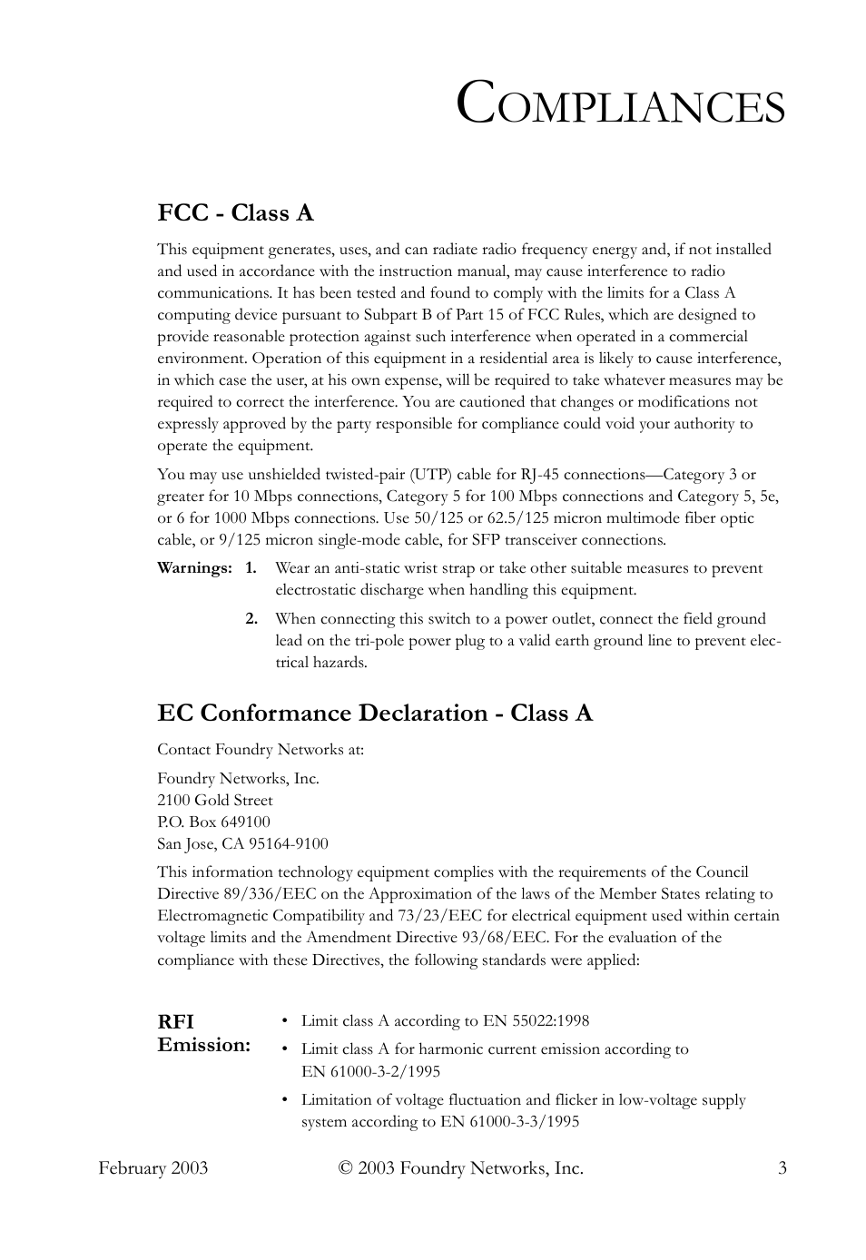 Ompliances | Foundry Networks OSI User Manual | Page 3 / 66