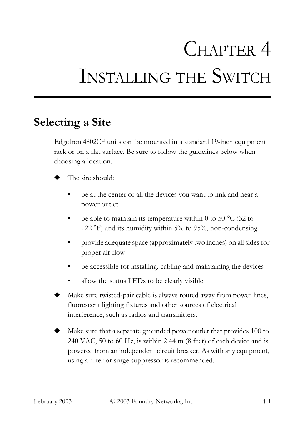 Chapter 4 installing the switch, Selecting a site, Installing the switch -1 | Selecting a site -1, Hapter, Nstalling, Witch | Foundry Networks OSI User Manual | Page 31 / 66