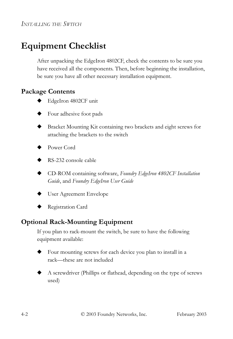 Equipment checklist, Package contents, Optional rack-mounting equipment | Equipment checklist -2 | Foundry Networks OSI User Manual | Page 32 / 66