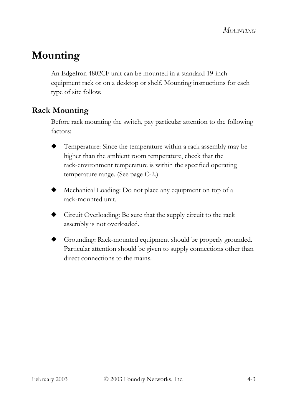 Mounting, Rack mounting, Mounting -3 | Rack mounting -3 | Foundry Networks OSI User Manual | Page 33 / 66