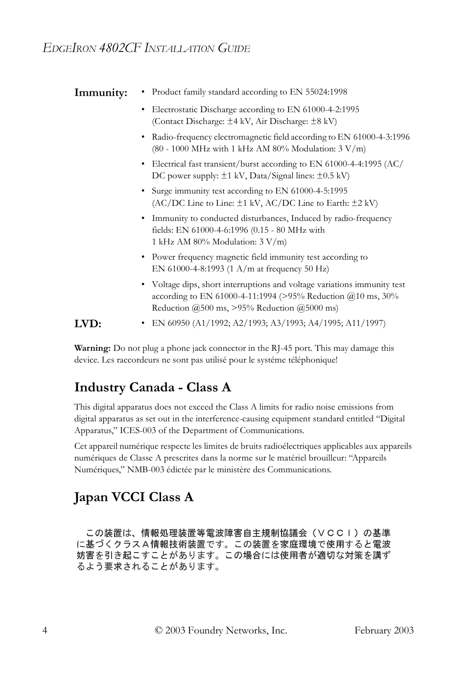 4802cf i, Industry canada - class a, Japan vcci class a | Foundry Networks OSI User Manual | Page 4 / 66