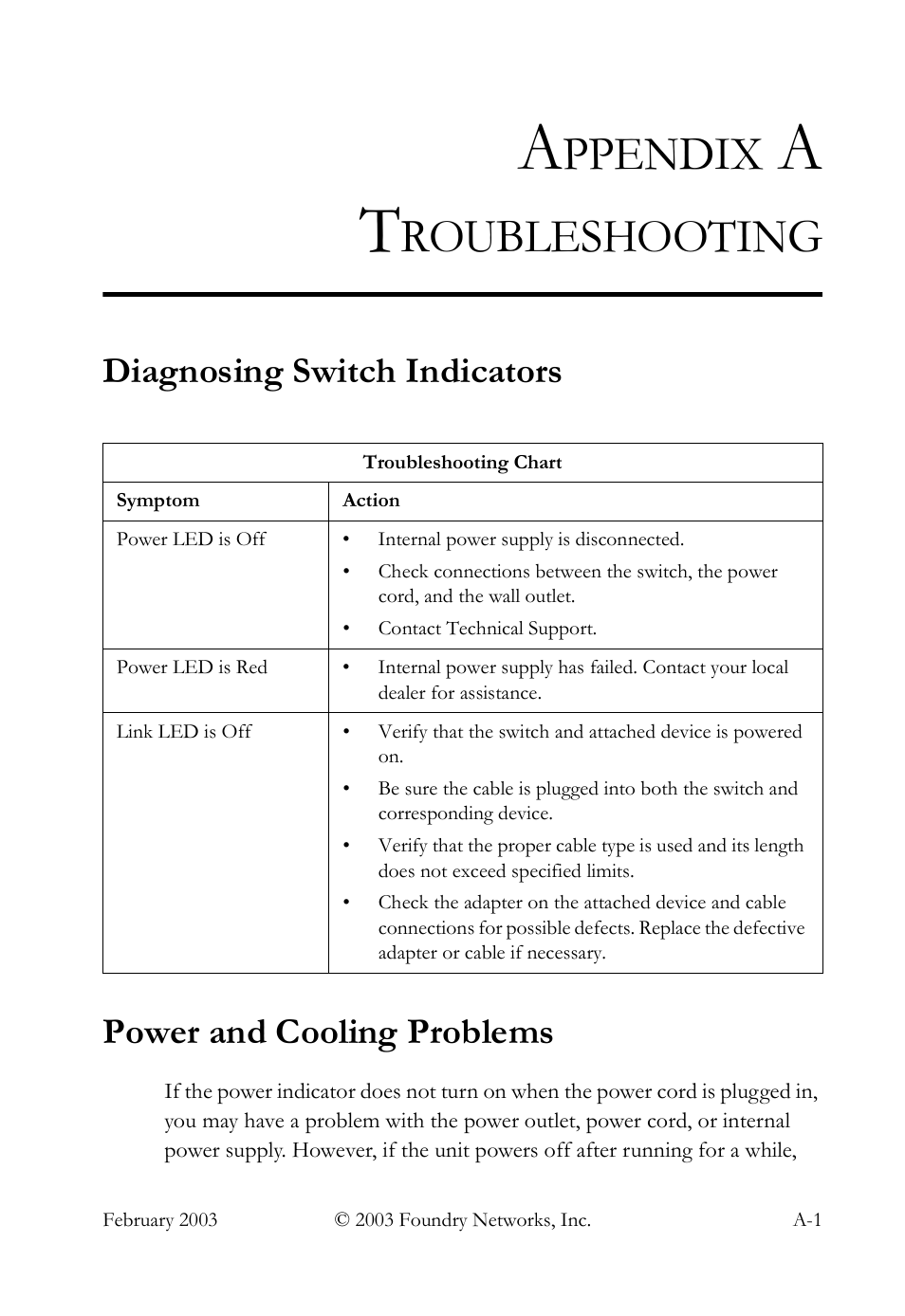 Appendix a troubleshooting, Diagnosing switch indicators, Power and cooling problems | Ppendix, Roubleshooting | Foundry Networks OSI User Manual | Page 41 / 66