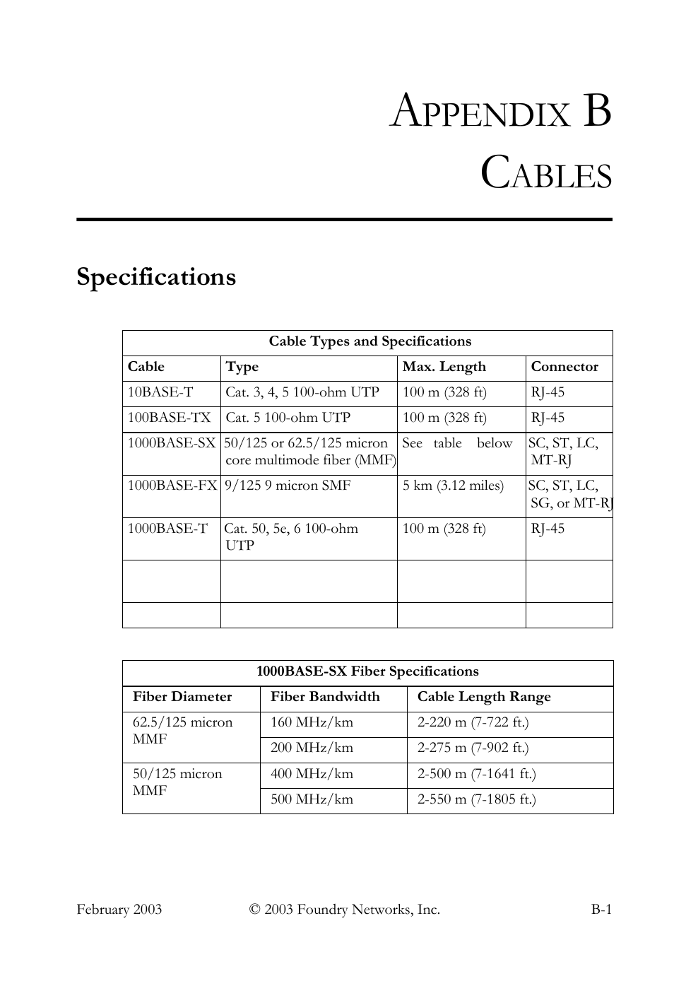 Appendix b cables, Specifications, Ppendix | Ables | Foundry Networks OSI User Manual | Page 43 / 66