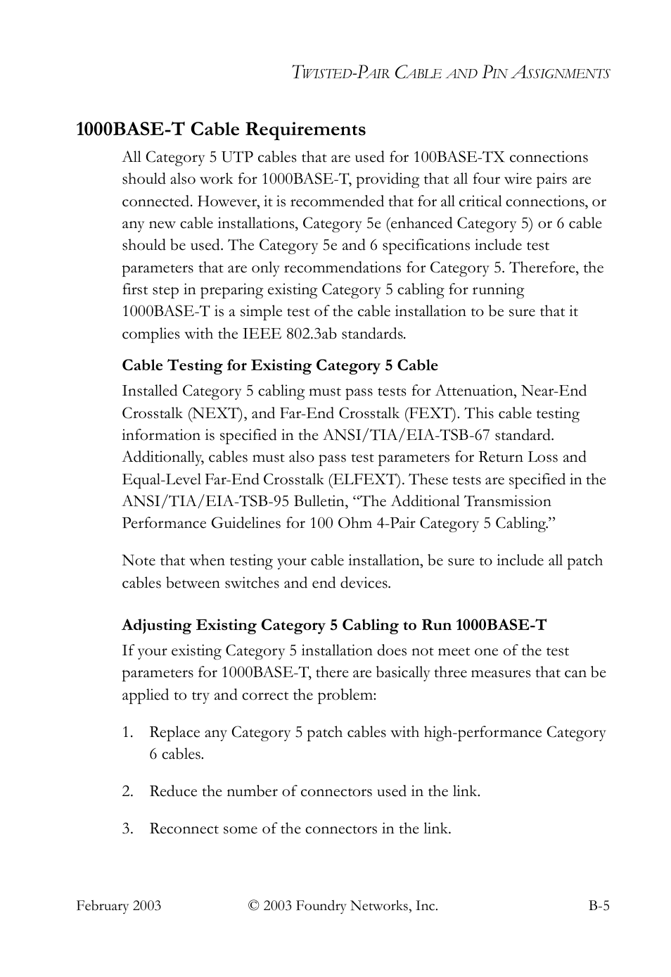 1000base-t cable requirements, Adjusting existing category 5 cabling to | Foundry Networks OSI User Manual | Page 47 / 66