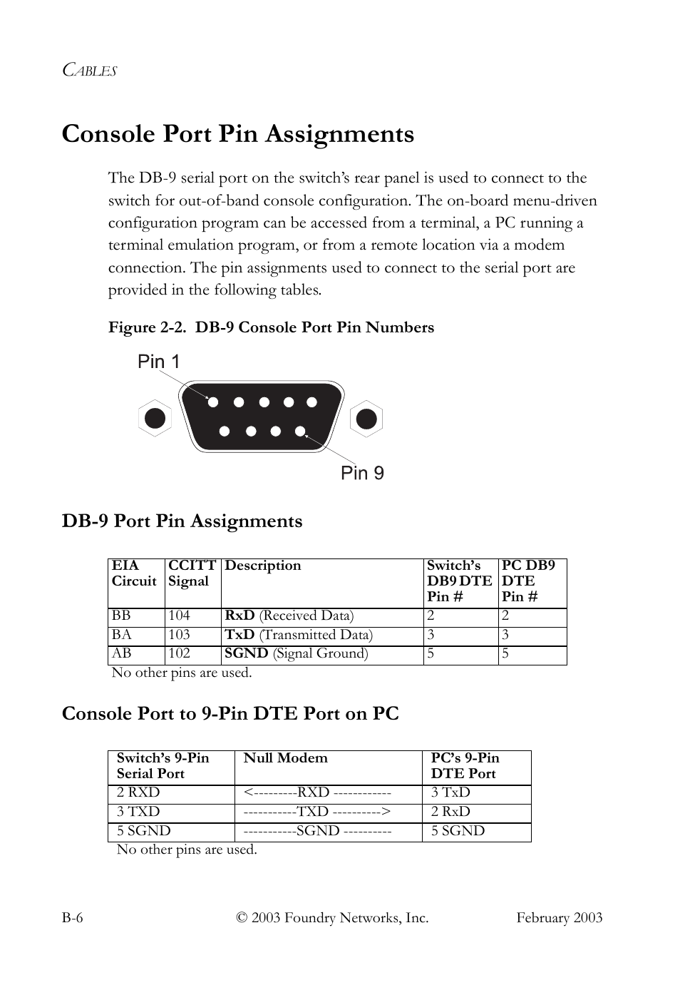 Console port pin assignments, Db-9 port pin assignments, Console port to 9-pin dte port on pc | Foundry Networks OSI User Manual | Page 48 / 66