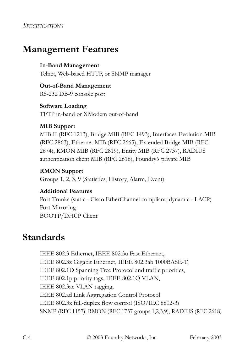 Management features, Standards | Foundry Networks OSI User Manual | Page 54 / 66