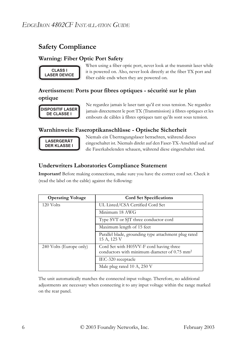 4802cf i, Safety compliance | Foundry Networks OSI User Manual | Page 6 / 66