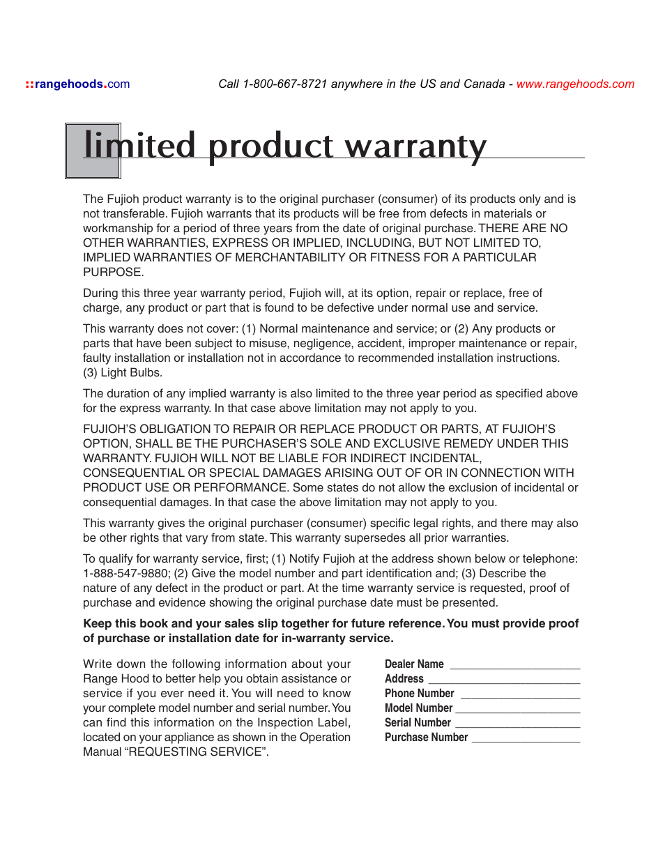 Limited product warranty | Fujioh BUF-04J User Manual | Page 12 / 12