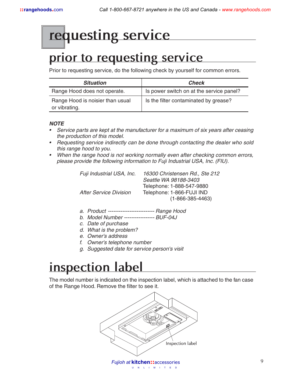 Requesting service, Prior to requesting service, Inspection label | Fujioh BUF-04J User Manual | Page 9 / 12