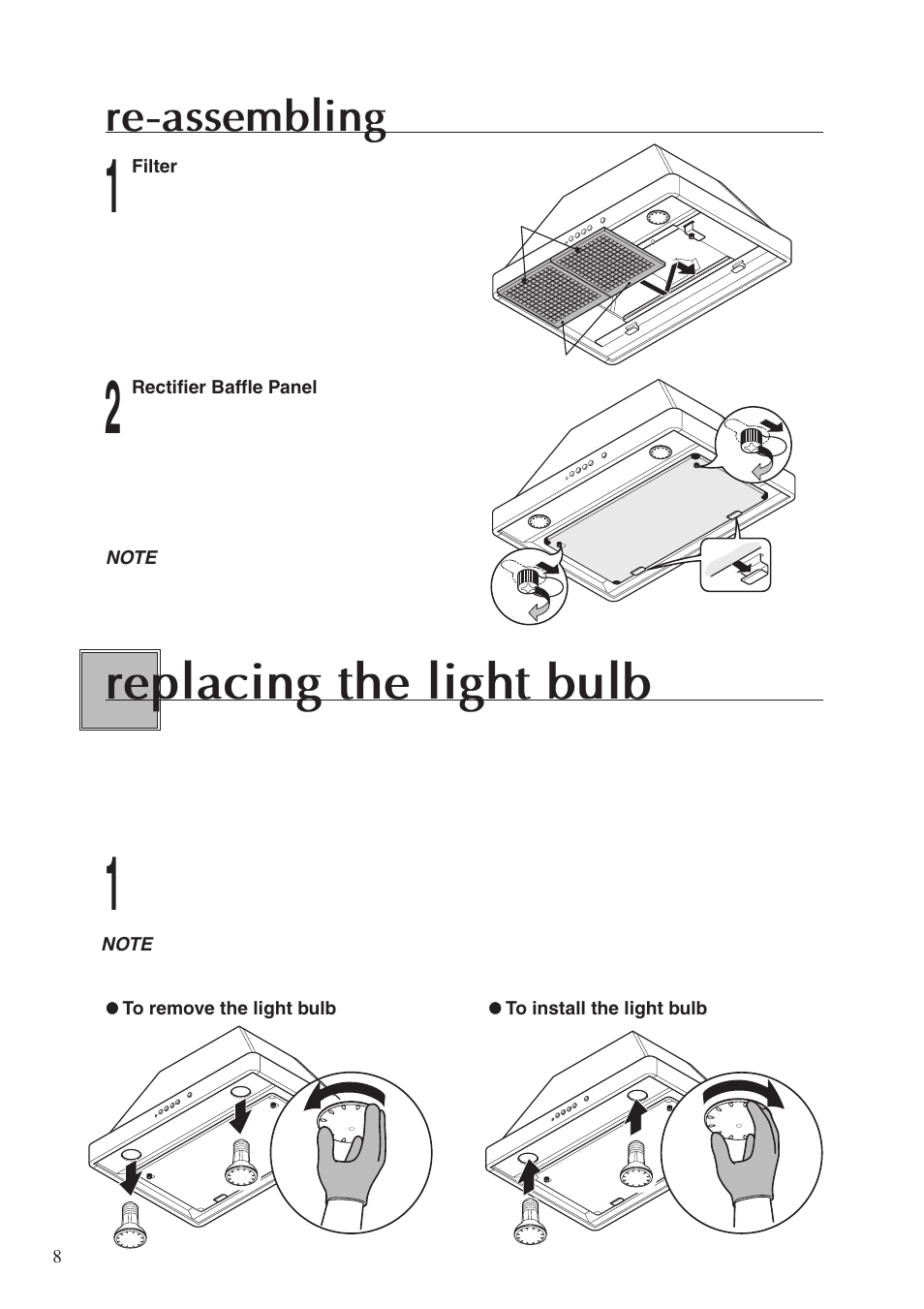 Replacing the light bulb, Re-assembling | Fujioh ECP-360 User Manual | Page 8 / 12
