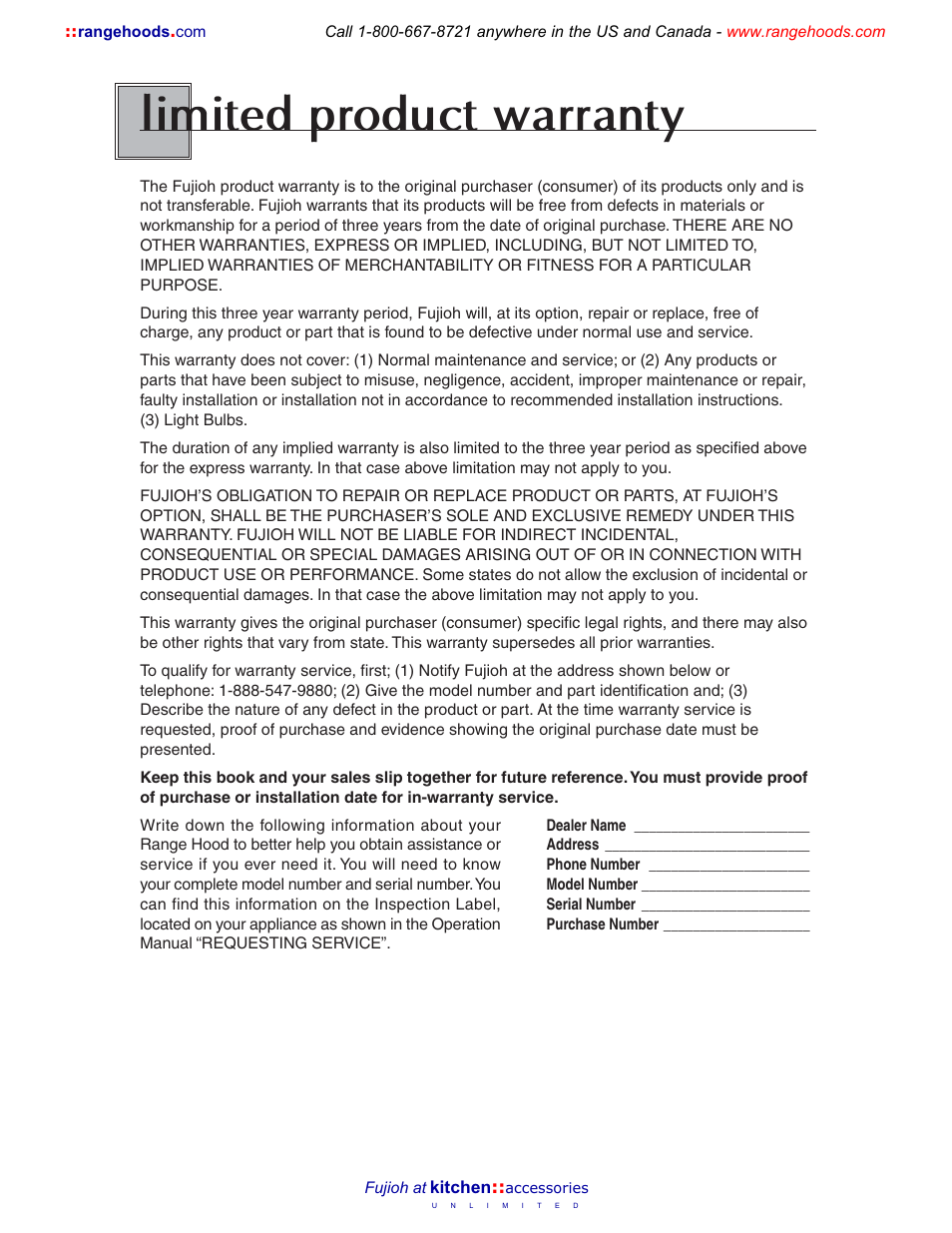 Limited product warranty | Fujioh BUF-011 User Manual | Page 12 / 12