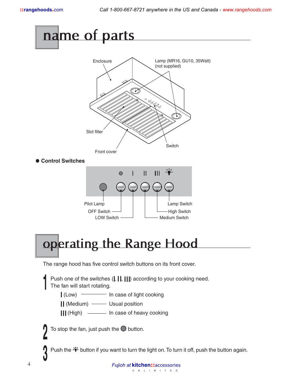 Name of parts, Operating the range hood | Fujioh BUF-011 User Manual | Page 4 / 12