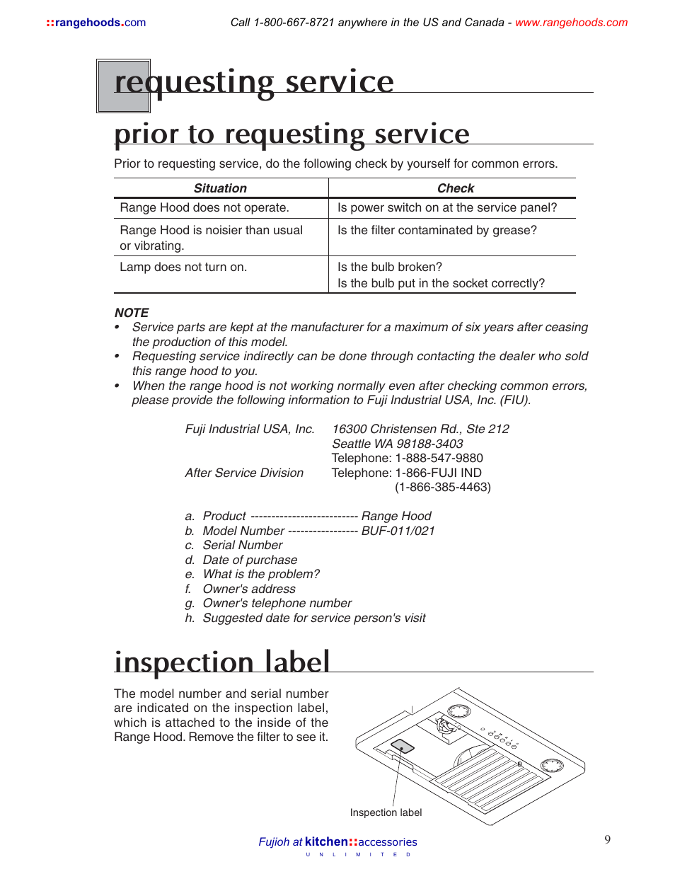 Requesting service, Prior to requesting service, Inspection label | Fujioh BUF-011 User Manual | Page 9 / 12