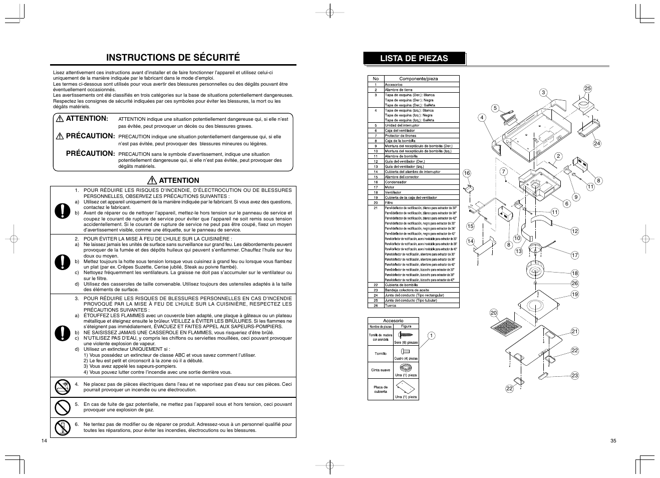 Instructions de sécurité, Lista de piezas | Fujioh FSR-4200 User Manual | Page 14 / 48