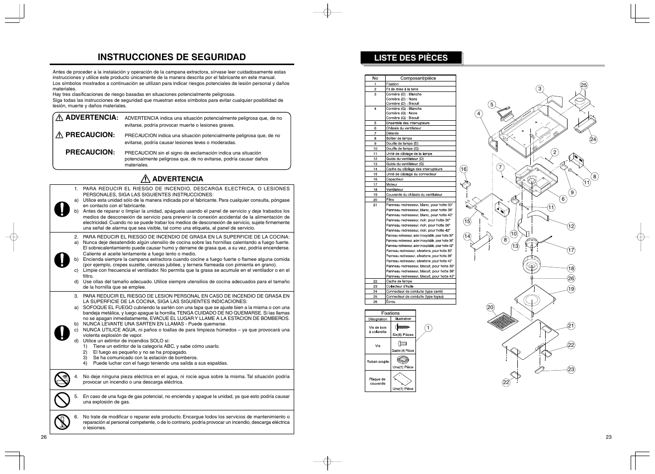 Instrucciones de seguridad, Liste des pièces | Fujioh FSR-4200 User Manual | Page 23 / 48