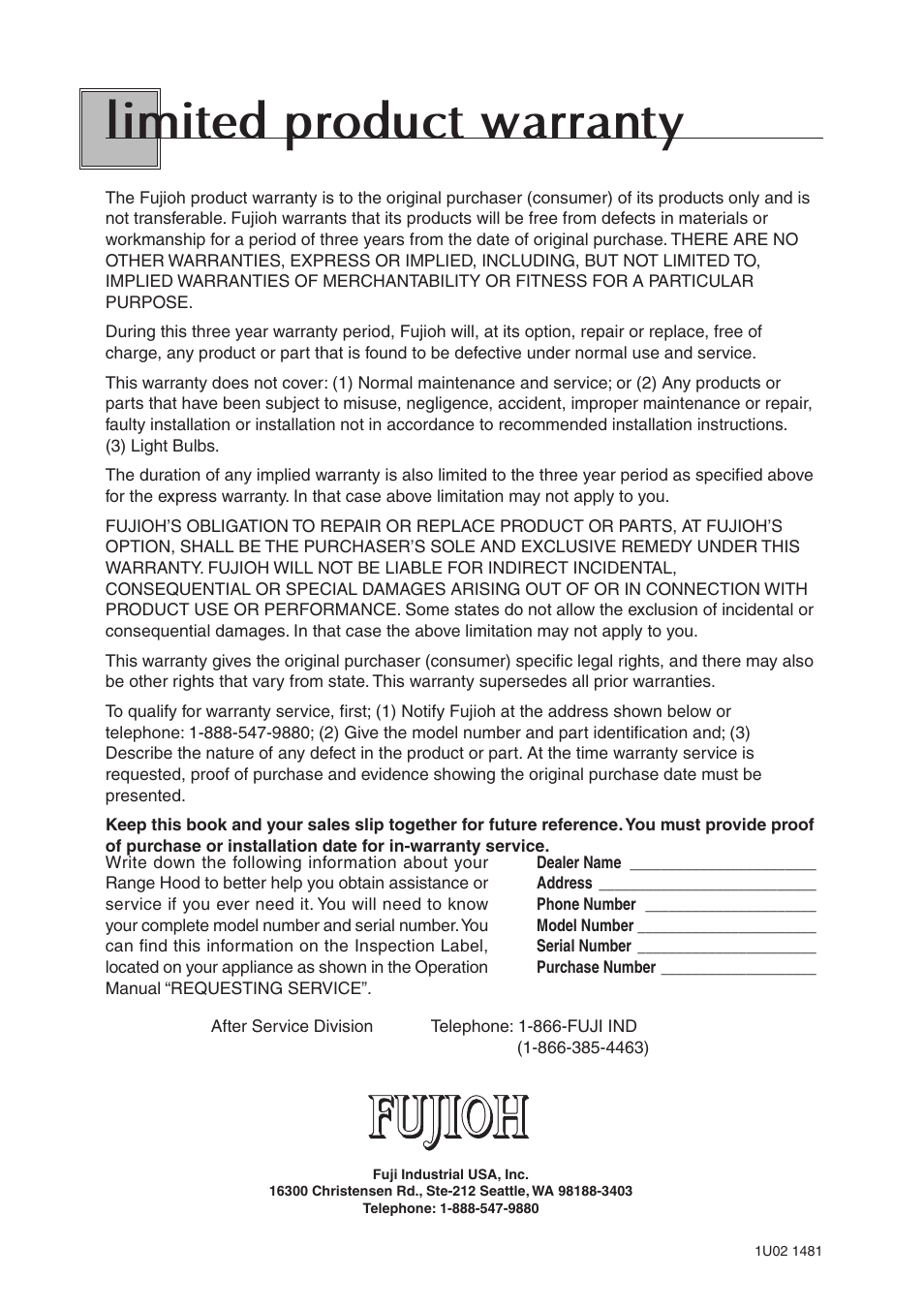 Limited product warranty | Fujioh ECW-360 User Manual | Page 12 / 12