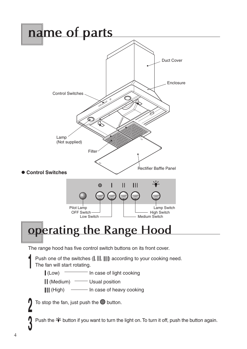 Name of parts, Operating the range hood | Fujioh ECW-360 User Manual | Page 4 / 12