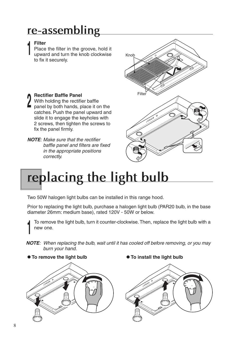 Replacing the light bulb, Re-assembling | Fujioh ECW-360 User Manual | Page 8 / 12
