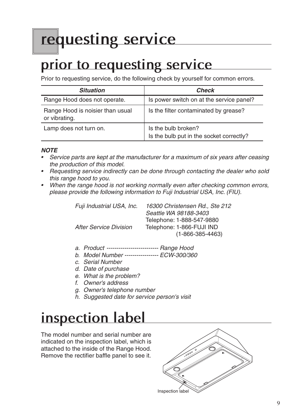 Requesting service, Prior to requesting service, Inspection label | Fujioh ECW-360 User Manual | Page 9 / 12