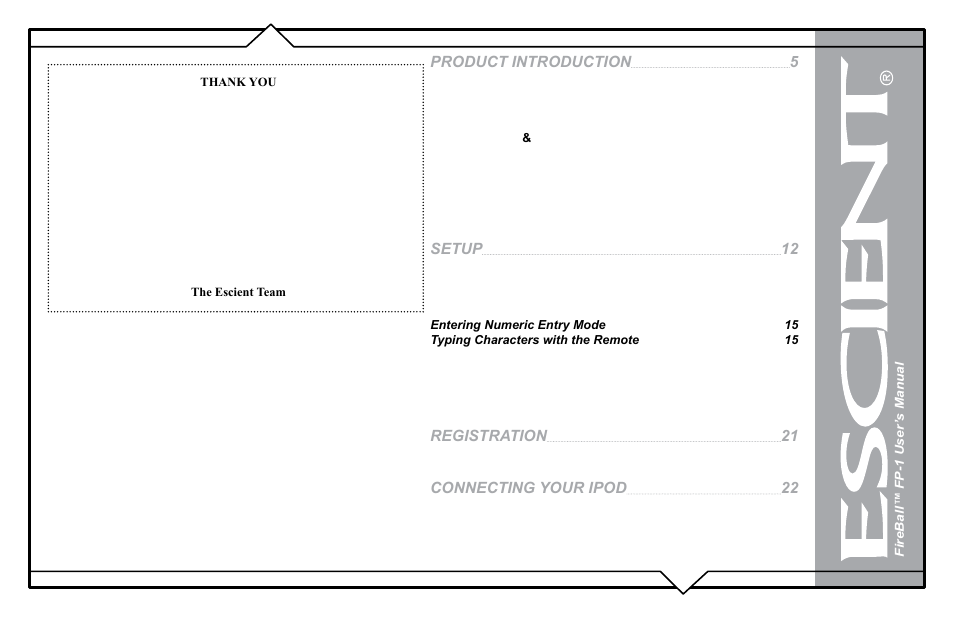 Product introduction, Setup, Registration | Connecting your ipod | Flying Pig Systems FireBallTM FP-1 User Manual | Page 2 / 77