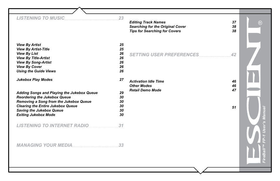 Listening to music, Listening to internet radio, Managing your media | Setting user preferences | Flying Pig Systems FireBallTM FP-1 User Manual | Page 3 / 77