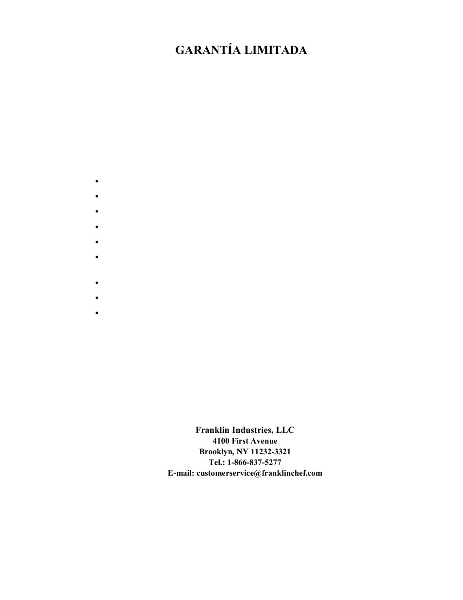 Garantía limitada 0000 | Franklin Industries, L.L.C. FIM400 User Manual | Page 47 / 72