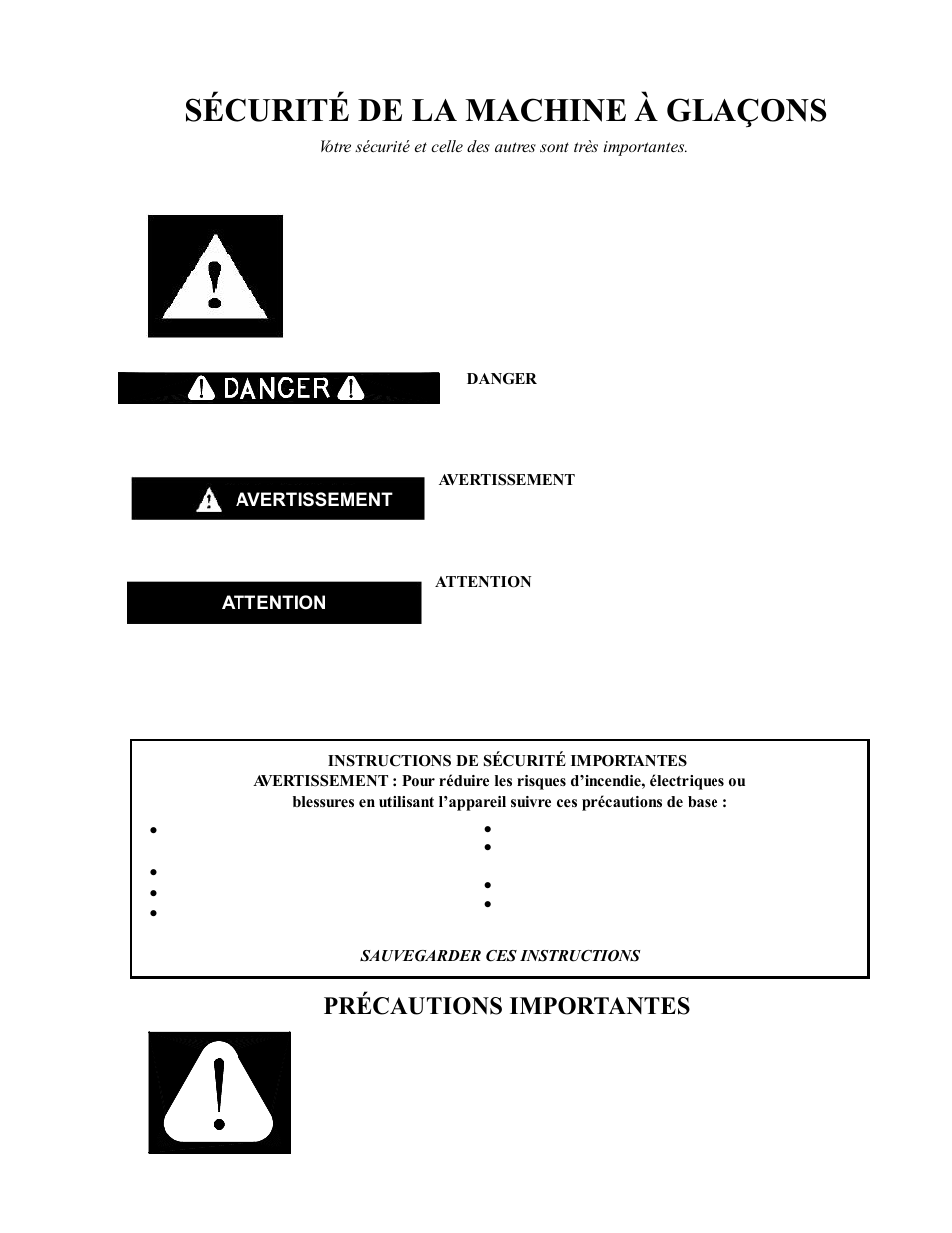 Sécurité de la machine à glaçons 00, Précautions importantes | Franklin Industries, L.L.C. FIM400 User Manual | Page 49 / 72