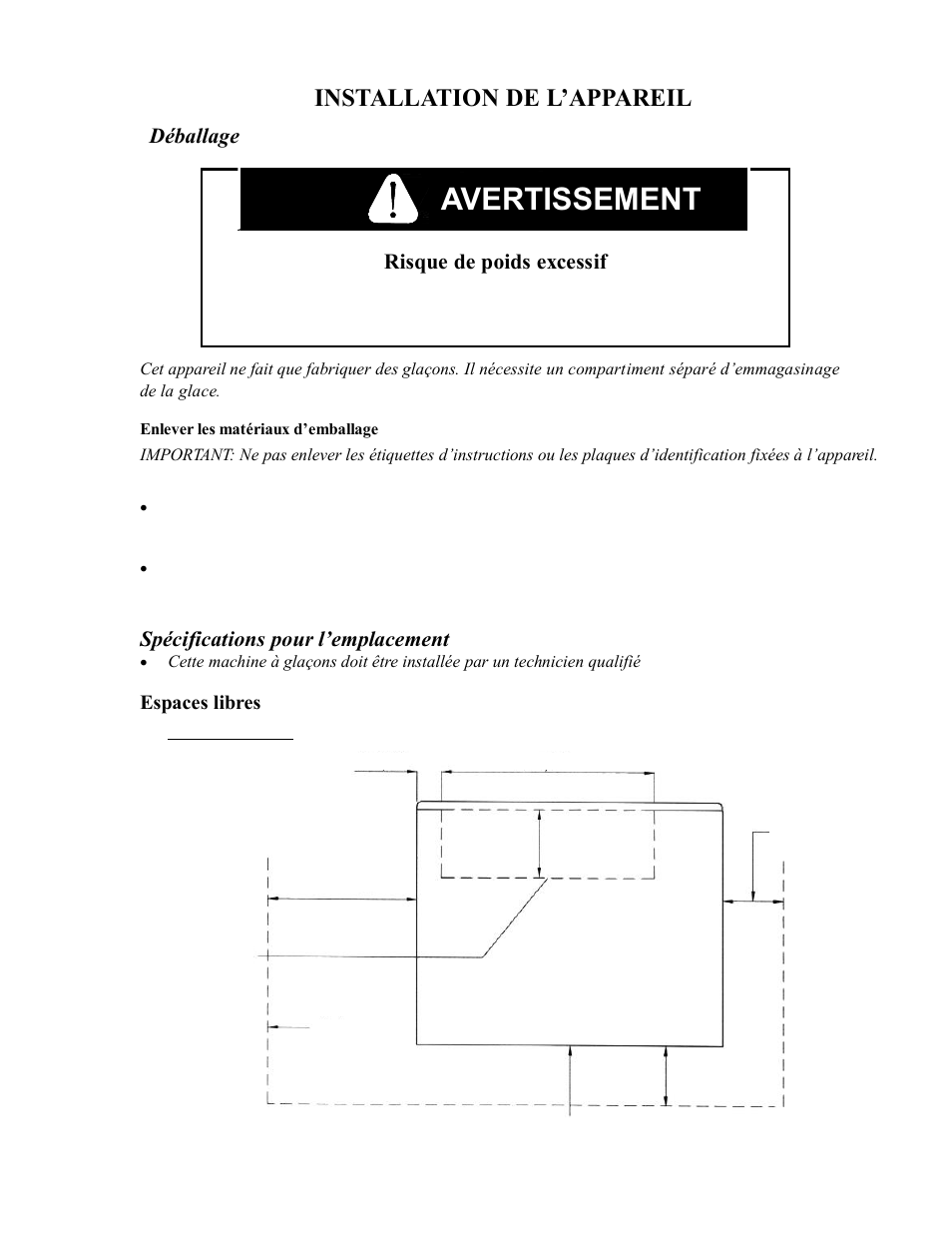 Avertissement, Advertencia, Risque de poids excessif | Déballage, Spécifications pour l’emplacement | Franklin Industries, L.L.C. FIM400 User Manual | Page 54 / 72