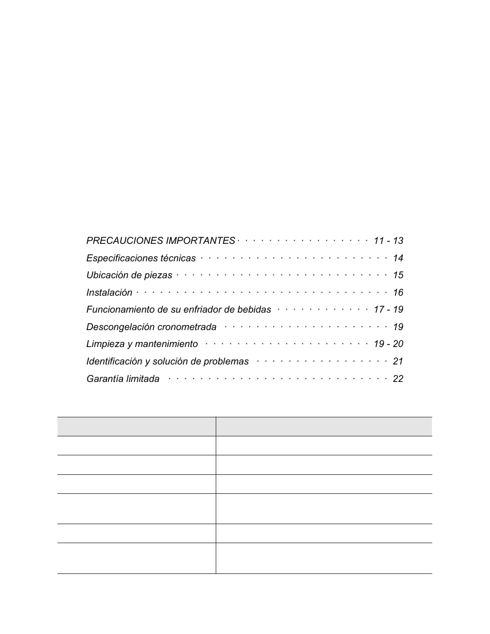 Introducción, Indice, Especificaciones técnicas | Franklin Industries, L.L.C. FBC36ID User Manual | Page 15 / 36