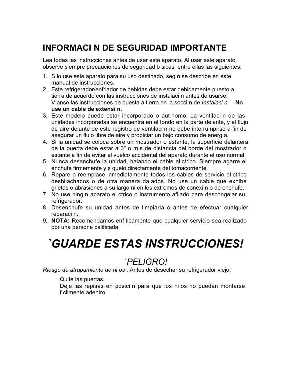 Guarde estas instrucciones, Informaci n de seguridad importante, Peligro | Franklin Industries, L.L.C. FCR36OD User Manual | Page 14 / 25