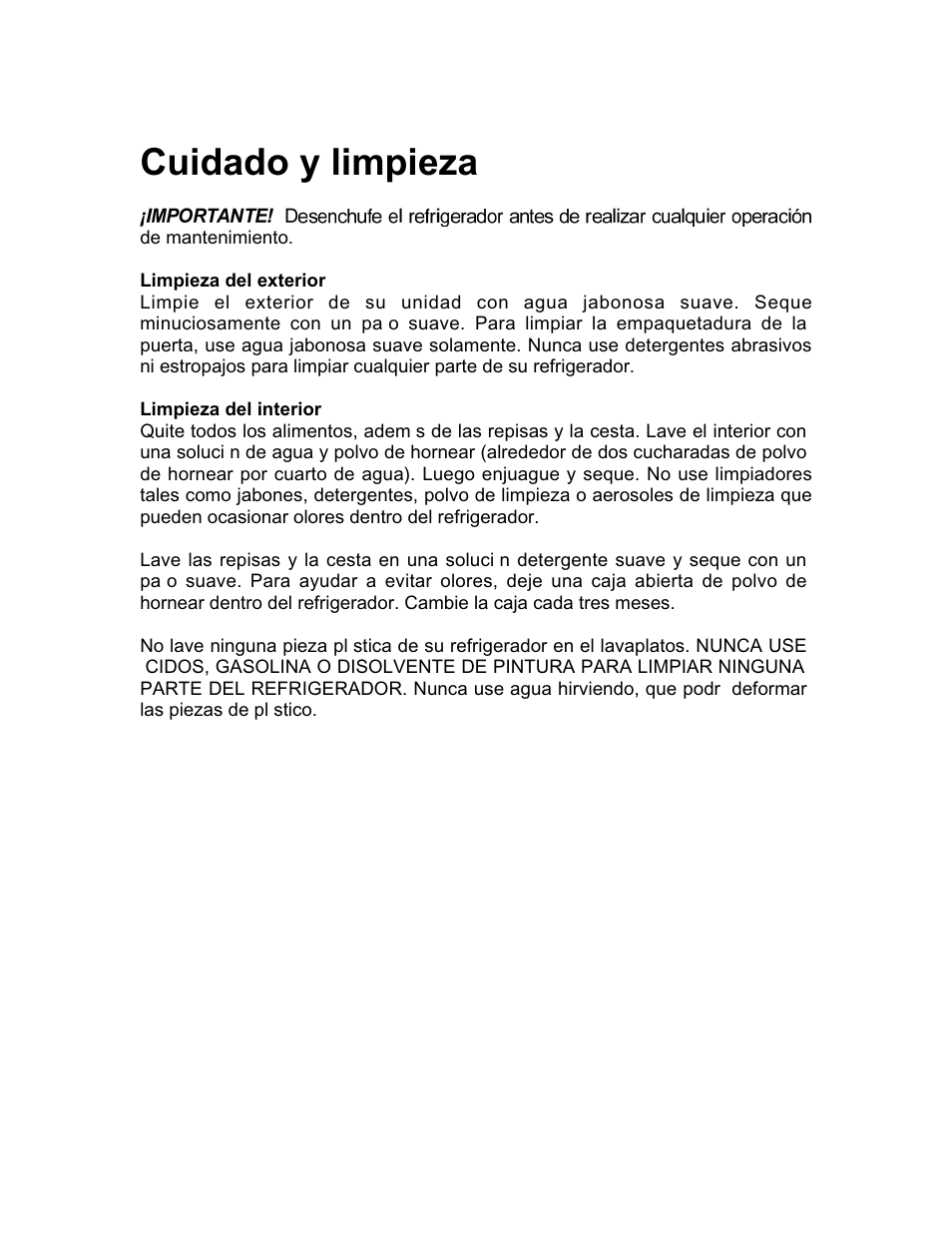Cuidado y limpieza | Franklin Industries, L.L.C. FCR36OD User Manual | Page 22 / 25