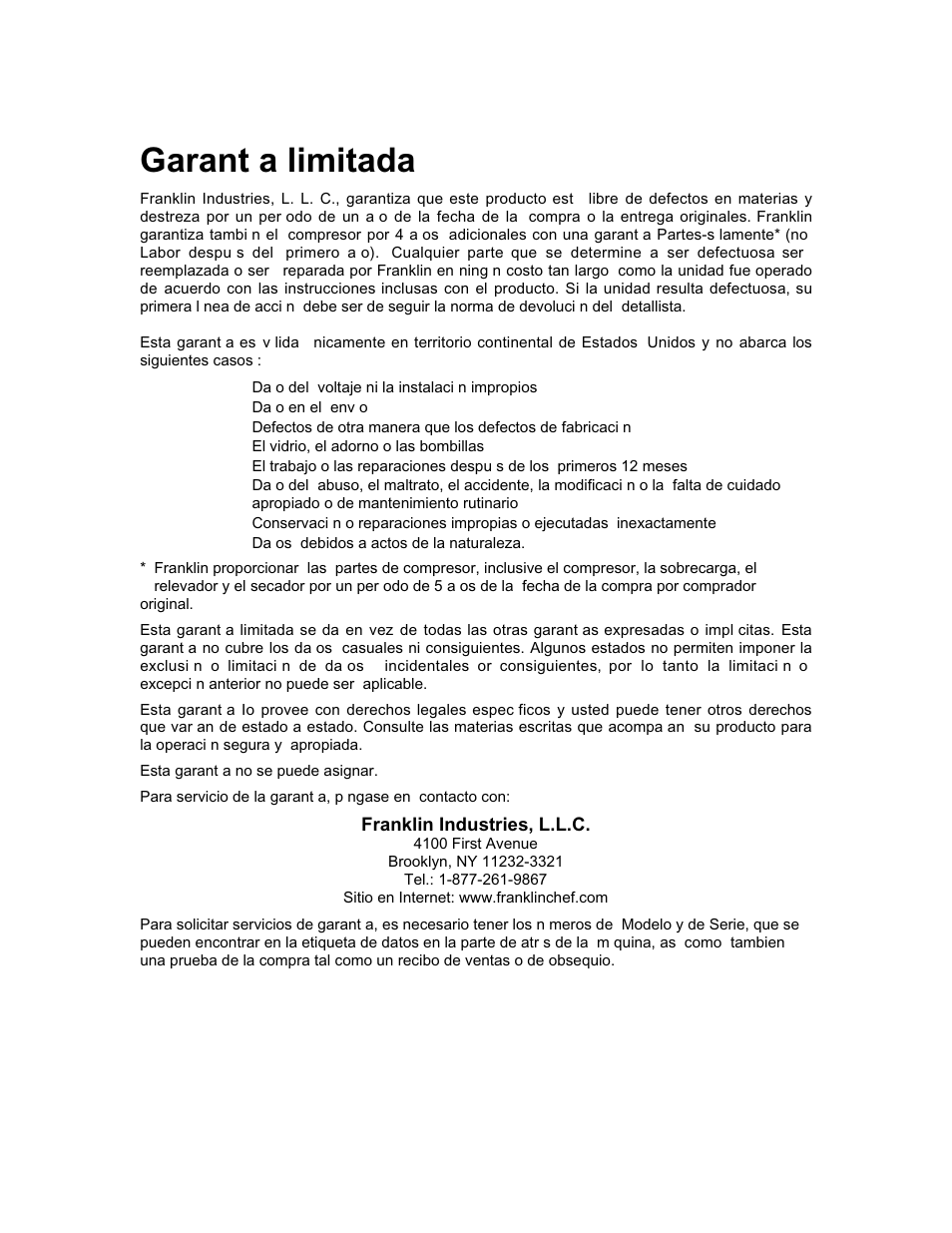 Garant a limitada | Franklin Industries, L.L.C. FCR36OD User Manual | Page 24 / 25