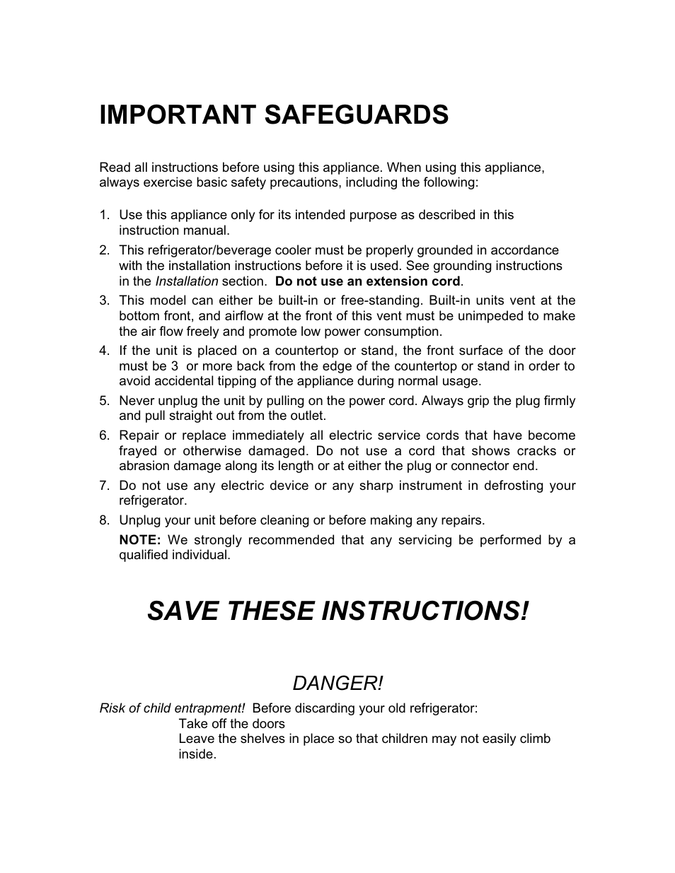 Important safeguards, Save these instructions, Danger | Franklin Industries, L.L.C. FCR36OD User Manual | Page 4 / 25
