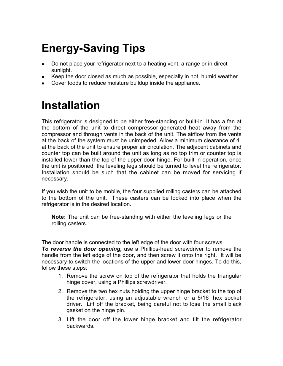 Energy-saving tips, Installation | Franklin Industries, L.L.C. FCR36OD User Manual | Page 6 / 25