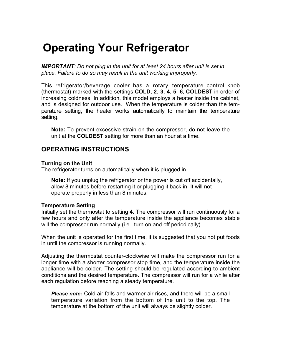 Operating your refrigerator | Franklin Industries, L.L.C. FCR36OD User Manual | Page 8 / 25