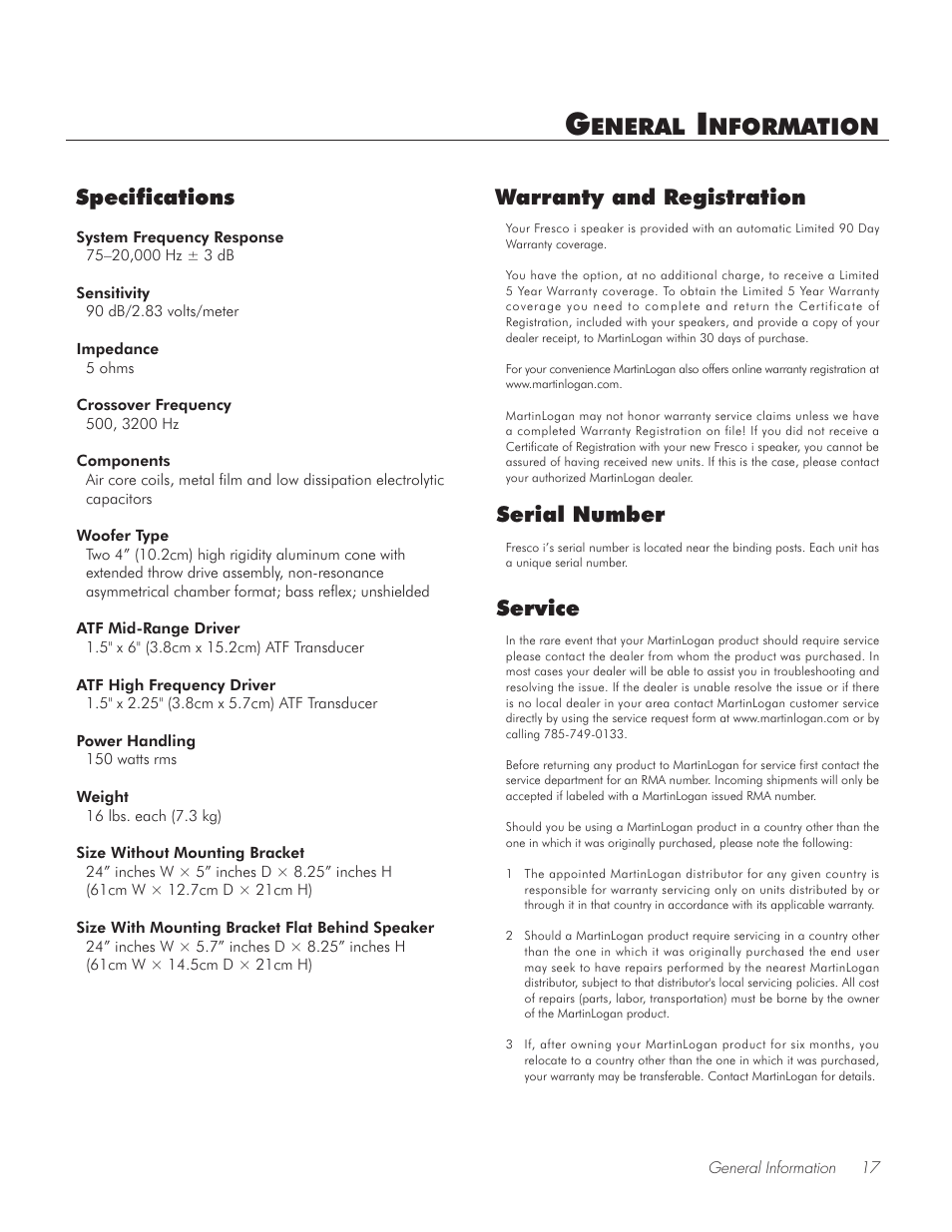 General information, Specifications, Warranty and registration | Serial number, Service, Eneral, Nformation, Warranty and registration specifications | Fresco Speaker User Manual | Page 17 / 20