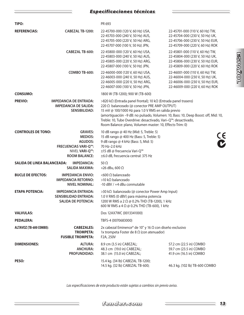 Fender TB-1200 User Manual | Page 13 / 36