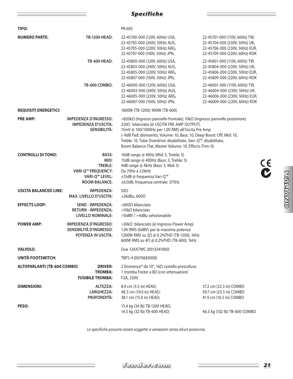 Specifiche | Fender TB-1200 User Manual | Page 21 / 36