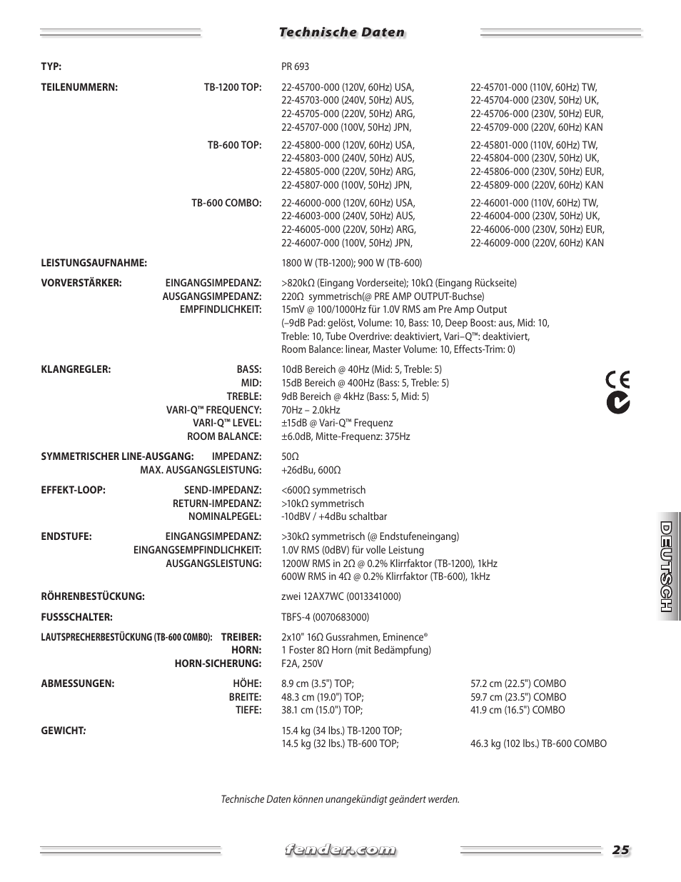 Fender TB-1200 User Manual | Page 25 / 36