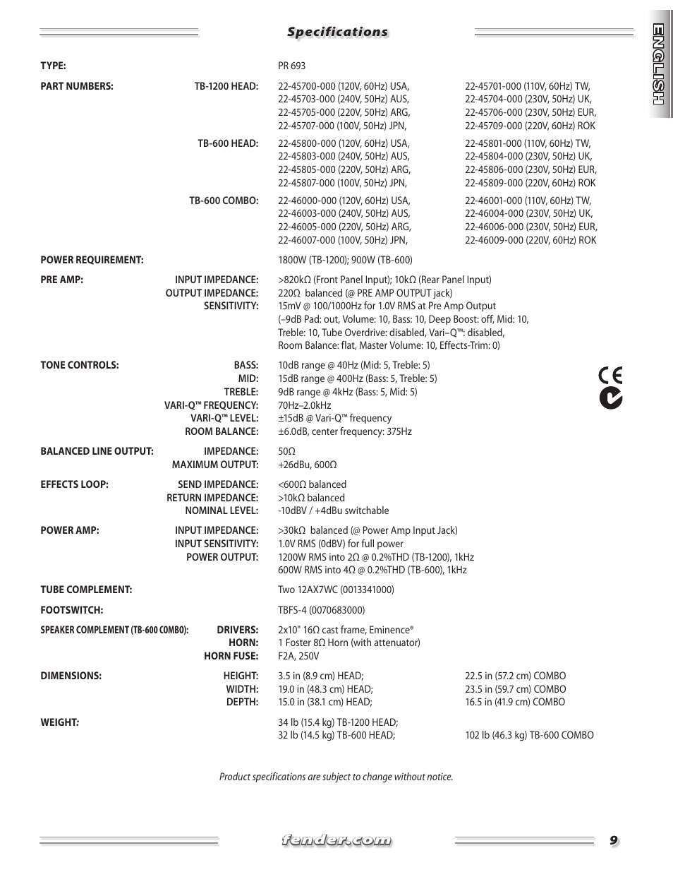 Fender TB-1200 User Manual | Page 9 / 36