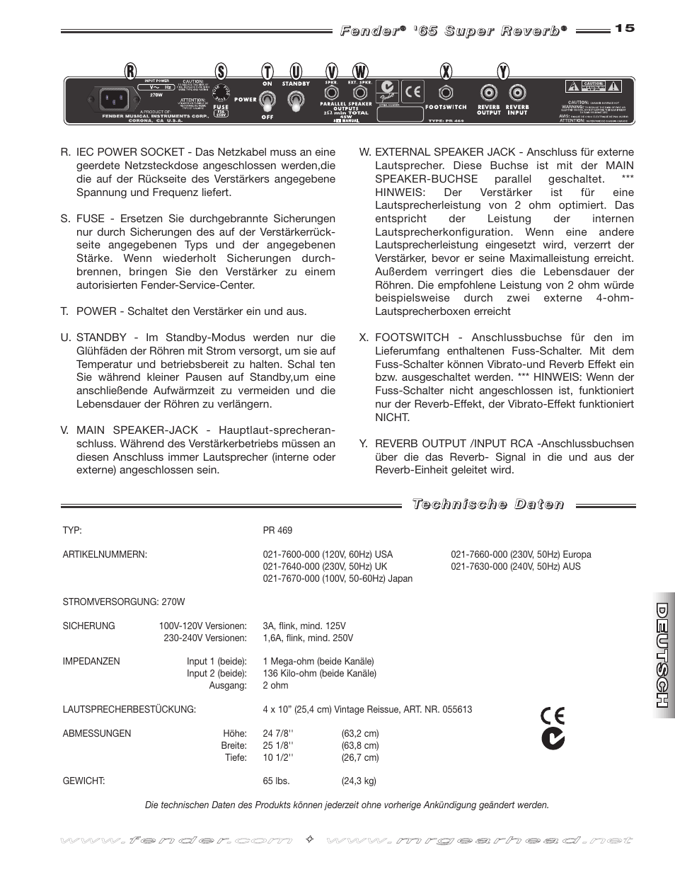 Fender 65 Super Reverb -Amp User Manual | Page 15 / 20